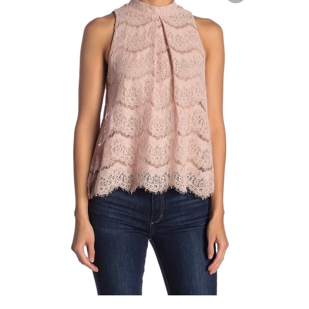 Love fire mock neck lace sleeveless beige blouse M